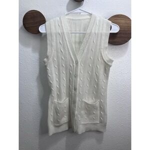 VTG 80s 70s White Ivory Cable Knit Neck Sweater Vest Button Up w Pockets
